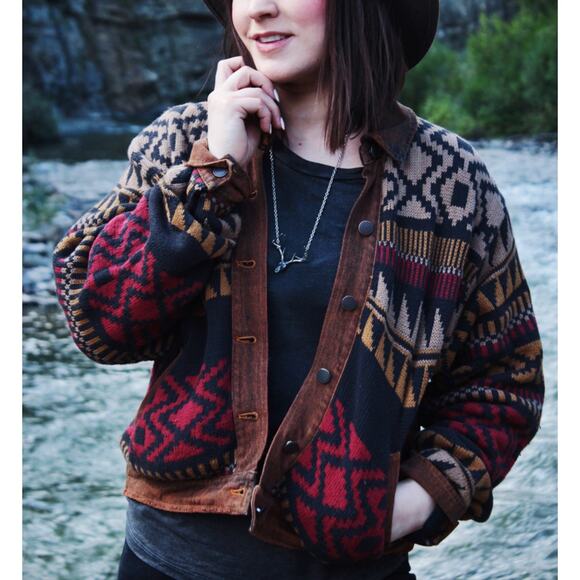 Free People Lakeside Southwestern Tan Red Yellow Denim Trim Knit Jacket M/L NEW - Picture 1 of 8